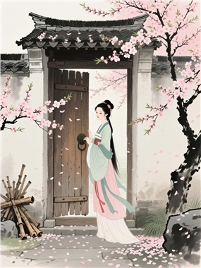 古朴院落古装美女水墨画图片